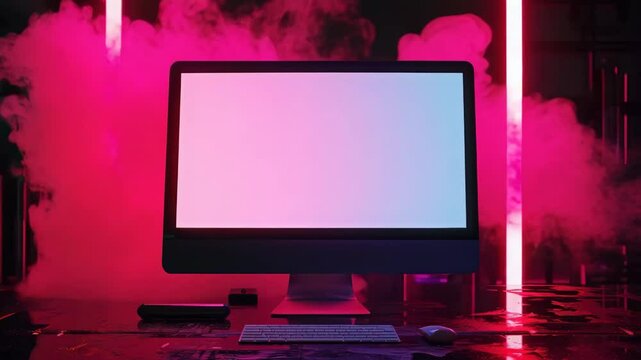Empty screen computer monitor in neon lit room
