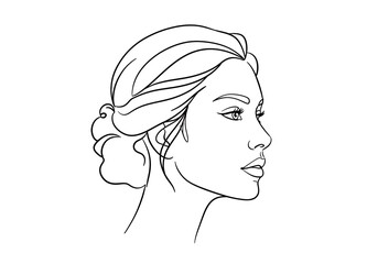 Line drawing of a woman's profile with an updo hairstyle in black and white minimalist illustration