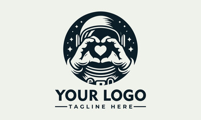Astronaut forming heart shape with hands, space background, logo design.