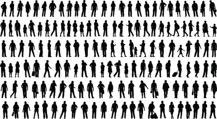 Silhouettes of diverse people in urban motion, standing and walking poses, dynamic posture mix, human interaction, modern minimalism, business lifestyle black figures