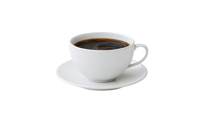 A white ceramic cup filled with hot black coffee and a saucer isolated on transparent background