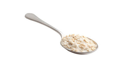 Close up of a metal spoon filled with creamy oatmeal and oats isolated on transparent background
