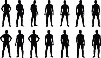Silhouettes of diverse people standing in symmetrical alignment, group pose on white background, modern minimalism, social unity concept, simple clean graphic composition