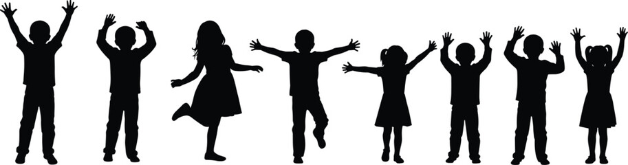 Silhouettes of happy children jumping and raising hands, group of kids in motion, joyful activity scene, playful youth, dancing figures, white backgroundPrint