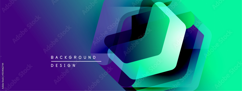 Poster abstract geometric shapes overlap, creating vibrant gradient effect. purple, green hues dominate des