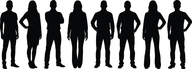 Silhouettes of standing people in row, flat icon illustration, gender mix group, minimal profile symbols, black graphic on white background, design concept
