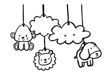 Adorable hand drawn baby mobile in black and white featuring cute animal shapes like a bear lion dog and clouds ideal for newborns