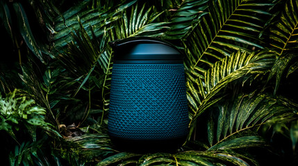 A water tank glowing at night near a pool with scattered colorful objects like a red cup and green candle