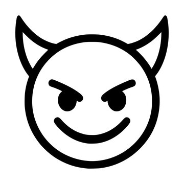 Black outline devil emoji face with horns and sinister smile