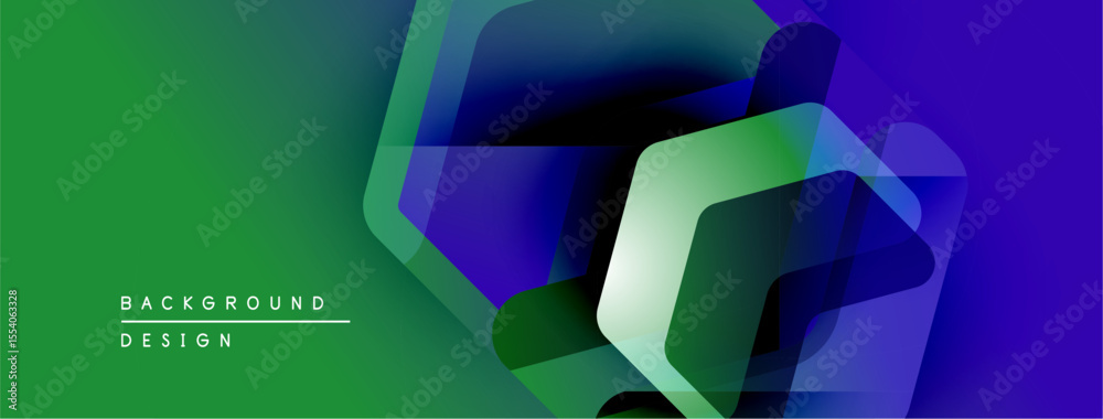 Poster Abstract geometric shapes overlap, creating dynamic gradient effect. Green, blue hues dominate composition. Modern design element.