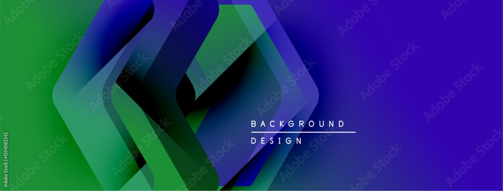Poster Abstract geometric shapes overlap, creating vibrant blue, green gradients. Text reads background design in white. Modern, dynamic visual composition.