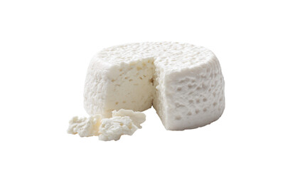 Freshly made white cheese wheel with crumbs isolated on transparent background