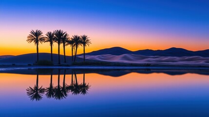 Tranquil Desert Oasis: Palm Trees Mirrored in Still Water at Colorful Sunset