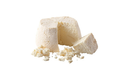 Fresh ricotta cheese block with crumbs isolated on transparent background