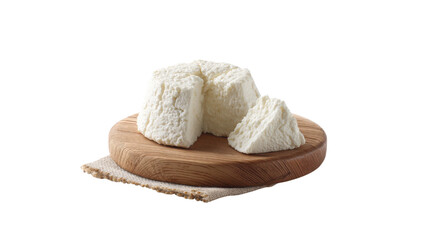 Fresh ricotta cheese wheel with a slice on a wooden board isolated on transparent background