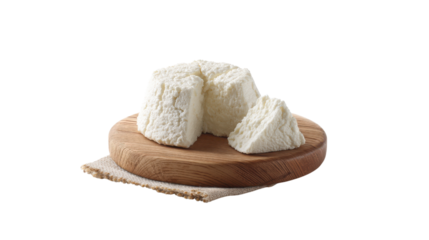 Fresh ricotta cheese wheel with a slice on a wooden board isolated on transparent background