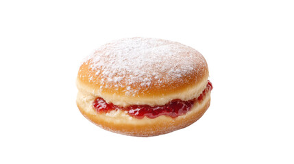 Delicious jam filled doughnut covered in powdered sugar isolated on transparent background