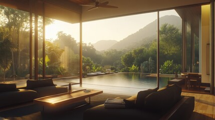 Fototapeta premium Tranquil living room with a view of a pool and lush landscape.