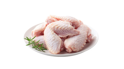 Fresh raw chicken wings on a white plate with rosemary isolated on transparent background