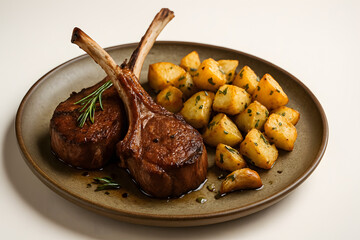 Roasted lamb chops plated with rosemary and garlic potatoes on stoneware
