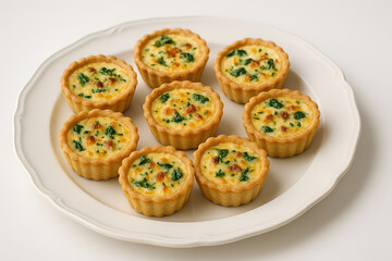 Mini quiches arranged neatly on a round porcelain platter