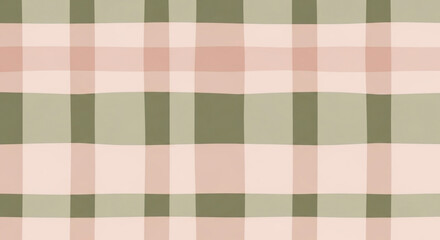 Soft, hand-drawn plaid pattern featuring pastel pink and muted olive green squares. This seamless gingham design creates a cozy, inviting background, ideal for textile prints, digital paper, and
