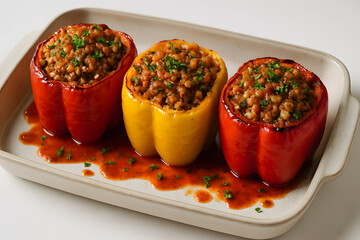 Stuffed bell peppers on a ceramic tray with tomato sauce drizzle