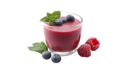 Fresh berry smoothie with blueberries raspberries and mint isolated on transparent background