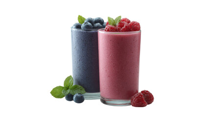 Two refreshing berry smoothies with fresh fruit and mint isolated on transparent background