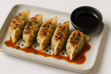 Pan-fried dumplings on a rectangular stoneware dish with soy sauce