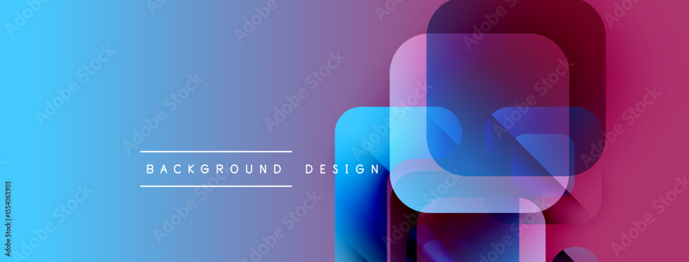 Poster Abstract gradient background. Overlapping rounded squares create dynamic visual effect. Blue transitions to purple hues. Modern design elements present.