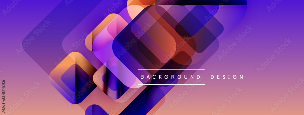 Poster abstract geometric shapes overlap, creating vibrant purple, orange gradient. modern design element f