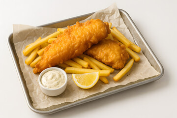 Crispy fish and chips served on parchment over a metal tray
