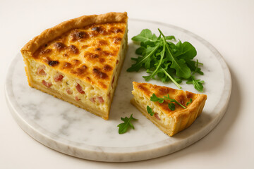 Quiche Lorraine sliced on a marble serving plate with greens