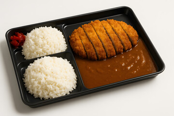 Katsu curry with steamed rice on a bento-style black tray