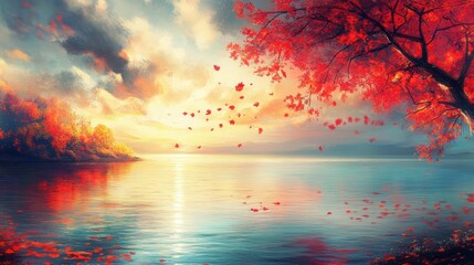 Vibrant hues of autumn painting a serene lakeside escape at golden hour