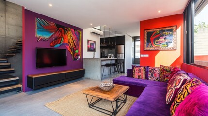 Vibrant living space with bold colors, artistic elements and modern furniture