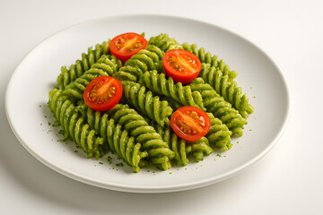 Pesto pasta spirals garnished with cherry tomatoes