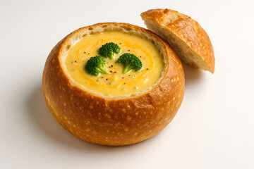 Broccoli cheddar soup in a sourdough bread bowl