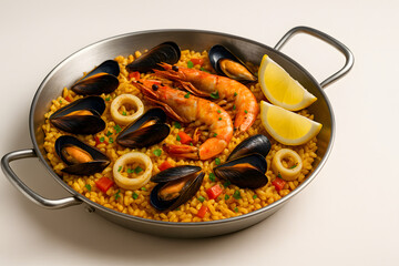 Seafood paella in a shallow steel pan with lemon slices