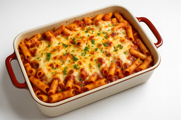 Baked ziti topped with herbs in a lasagna dish