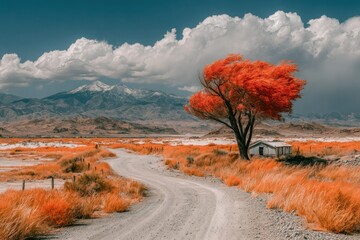Desert road winds to a vibrant red tree