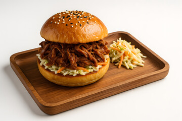 Pulled pork burger with coleslaw on a wooden tray