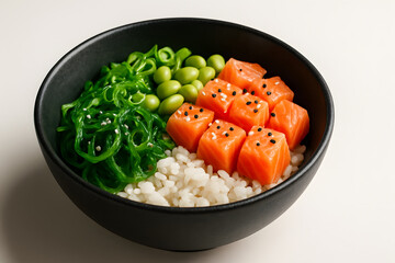 Salmon poke with seaweed salad in a black bowl,realistic photos