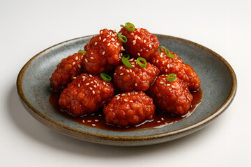 Korean fried chicken on a glazed stone dish