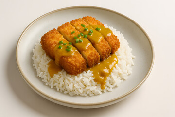 Tofu katsu on rice with curry drizzle on ceramic