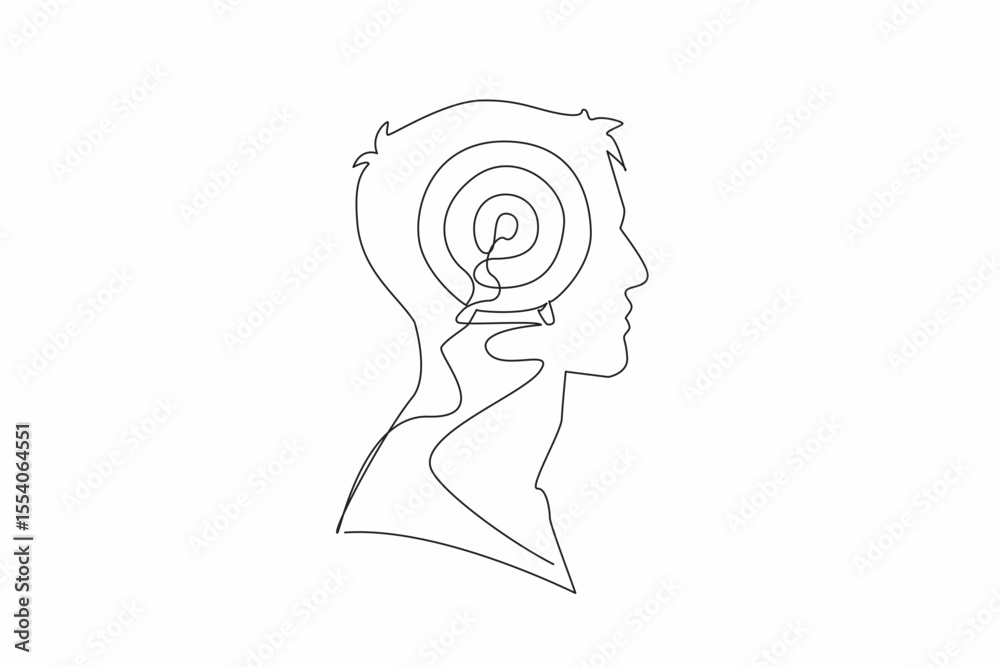 Poster single continuous line drawing head of a man with arrow target board in the middle of head. focus on