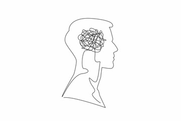 Continuous one line drawing the head of a man with a tangled wire in the middle of his head. Too many problems. Involute. Complex. Inside the Head of Man. Single line draw design vector illustration