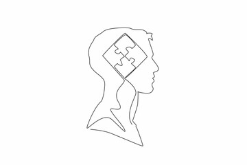 Single one line drawing head of man has puzzle in the middle of head. Collecting memories solves mysteries. Some pieces of memory. Inside the Head of Man. Continuous line design graphic illustration