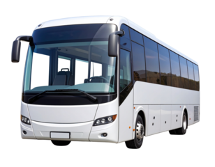 Front-side view of modern white bus with large panoramic windows, isolated on transparent background PNG 